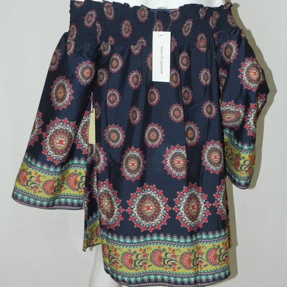 Band of Gypsies Zoe & Rose Dress Blue Floral Off The Shoulder‎ Bell Sleeves Mini - Picture 3 of 16